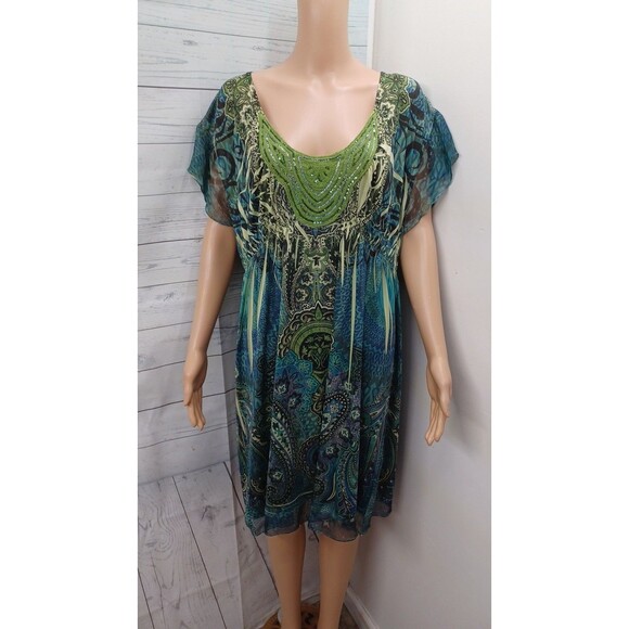 One World Dress Womens Green Midi Sweetheart Sz L Stretch Embellished - Picture 1 of 9